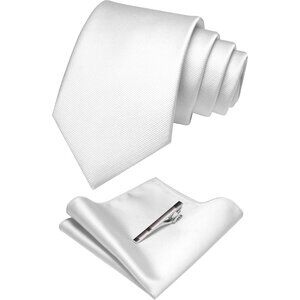 Men's White 2 Colour Formal Necktie and Pocket Square Tie Clip Sets
